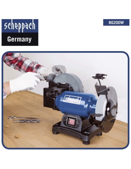 Touret à meuler ponceuse 250w 230v Scheppach bg200w avec 1 meule à eau