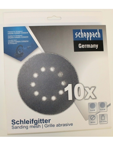 Kit 10 disques abrasifs maille 225mm 80-180 gr pour ponceuses murales Scheppach