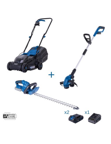 Tondeuse + coupe-bordures + taille-haie + 2 batteries + chargeur ixes Scheppach