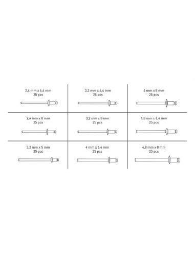 Coffret de 225 rivets rivet assortis aluminium fervi 0295