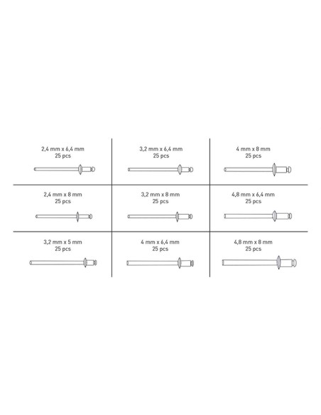 Coffret de 225 rivets rivet assortis aluminium fervi 0295