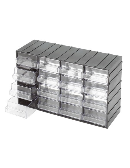 Casier de rangement outils 16 tiroirs en plastique transparent fervi c085/16