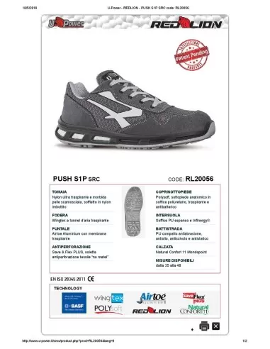 CHAUSSURES DE SÉCURITÉ UPOWER TRAVAIL BASS U-POWER PUSH S1P SRC