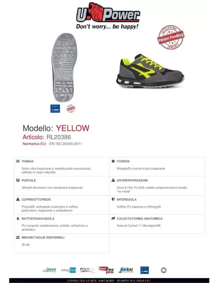 CHAUSSURES DE S&Eacute;CURIT&Eacute; UPOWER TRAVAIL BASS U-POWER YELLOW S1P SRC