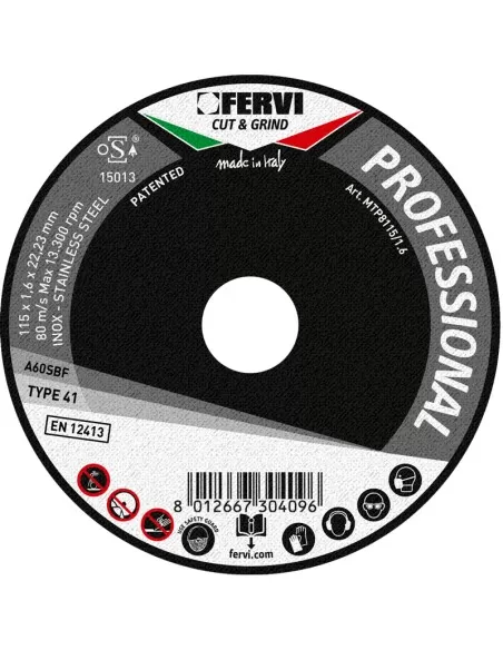 Disque de coupe pour metal 115x1,6x22 mm a60s professionnel fervi mtp8115/1.6