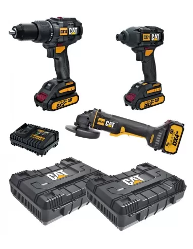 Kit Perceuse Visseuse A Percussion Et Meuleuse Avec Piles Et Coffrets Cat