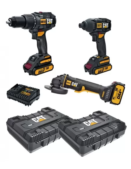 Kit Perceuse Visseuse A Percussion Et Meuleuse Avec Piles Et Coffrets Cat