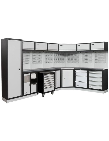 Mobilier atelier modulable avec plateau armoires et tiroirs en inox Fervi a008h