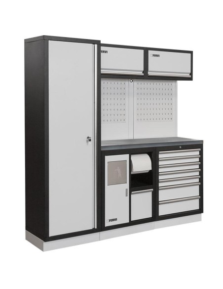 Mobilier atelier modulable avec plateau armoires et tiroirs en inox Fervi a008i