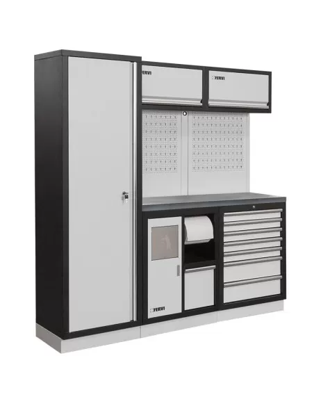 Mobilier atelier modulable avec plateau armoires et tiroirs en inox Fervi a008i