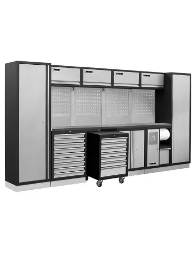 Mobilier atelier modulable avec plateau armoires et tiroirs en inox Fervi a008p