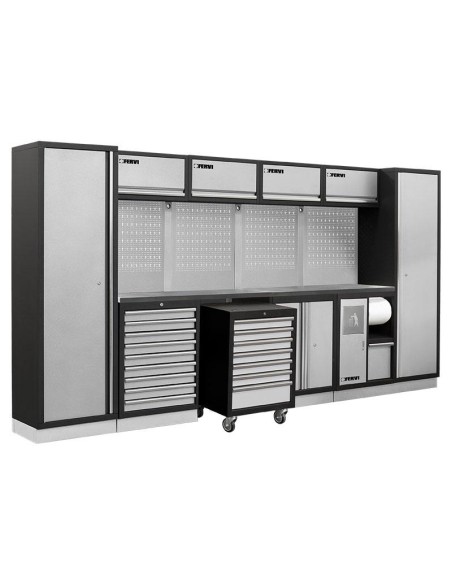 Mobilier atelier modulable avec plateau armoires et tiroirs en inox Fervi a008p