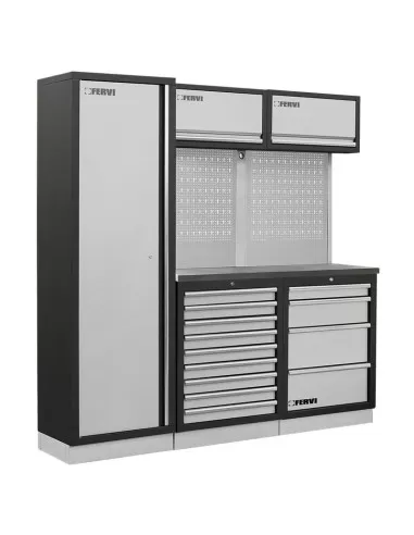 Mobilier atelier modulable avec plateau armoires et tiroirs en inox Fervi a008q