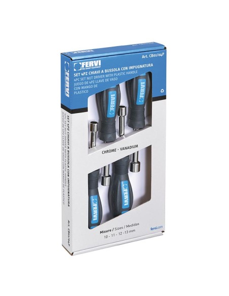 Jeu de 4 cles tournevis a douille 10 - 13 mm avec manche Fervi CB01/04P