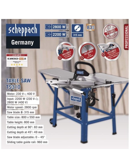 Table scie circulaire Scheppach ts310 315mm 2200w 230v + lame de rechange
