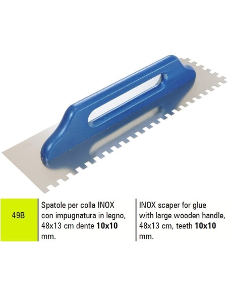 1 - Truelle žü adhžësif dentelžëe en acier inoxydable Sigma 49b avec poignžëe en bois 48x13 cm dent 10x10 mm