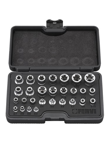 1 - Coffret de 28 clés douille intérieur torx 1/4" 3/8" 1/2" fervi 0195