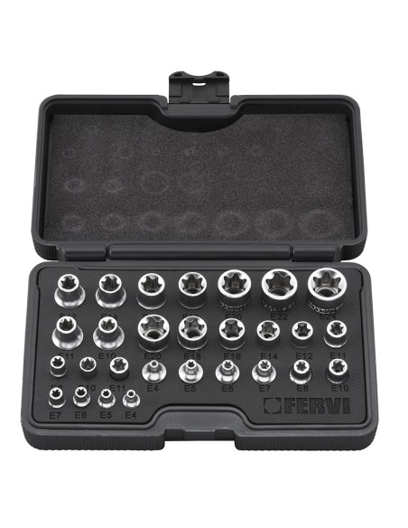 1 - Coffret de 28 clés douille intérieur torx 1/4" 3/8" 1/2" fervi 0195