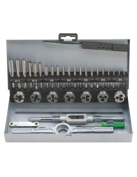 1 - 32 PIÈCES COFFRET DE TARAUDS ET FILIÈRES EN ACIER TUNGSTÈNE M3-M12 FERVI M032