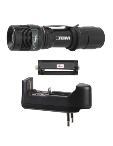 1 - Lampe de poche torche à led en aluminium zoom 230v + adaptateur piles fervi 0338