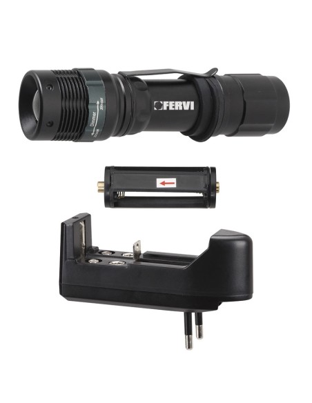 1 - Lampe de poche torche à led en aluminium zoom 230v + adaptateur piles fervi 0338
