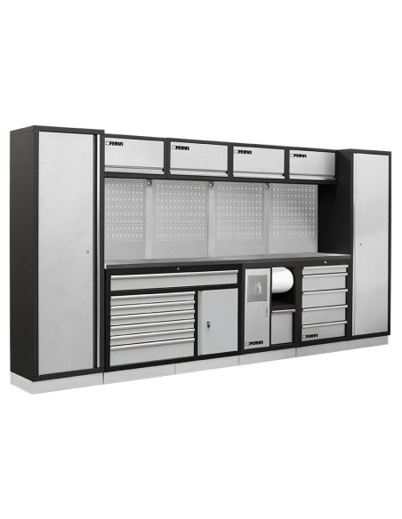 1 - Mobilier atelier modulable avec plateau armoires et tiroirs en inox Fervi a008v
