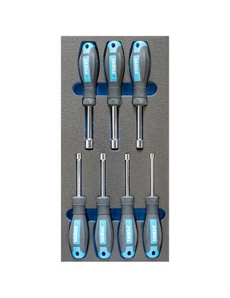 1 - Jeu de 7 tournevis a douille 55-13 mm en thermoforme souple Fervi tm01/028