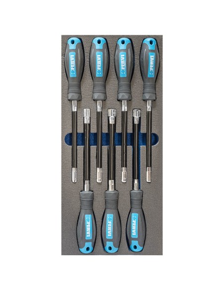 1 - Jeu de 7 tournevis a douille 55-13 mm en thermoforme souple Fervi tm01/029