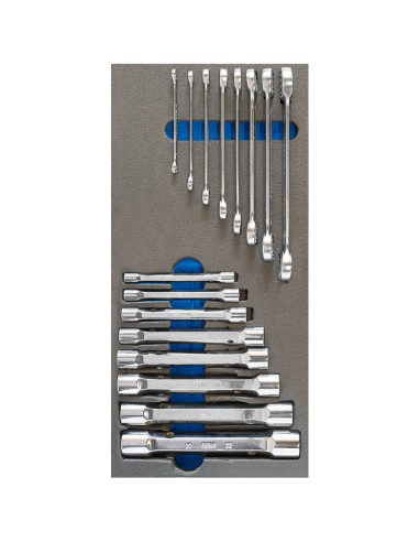1 - Jeu 16 cles a douille et anneau en materiau souple thermoforme Fervi tm01/035