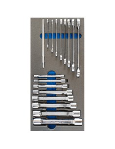 1 - Jeu 16 cles a douille et anneau en materiau souple thermoforme Fervi tm01/036